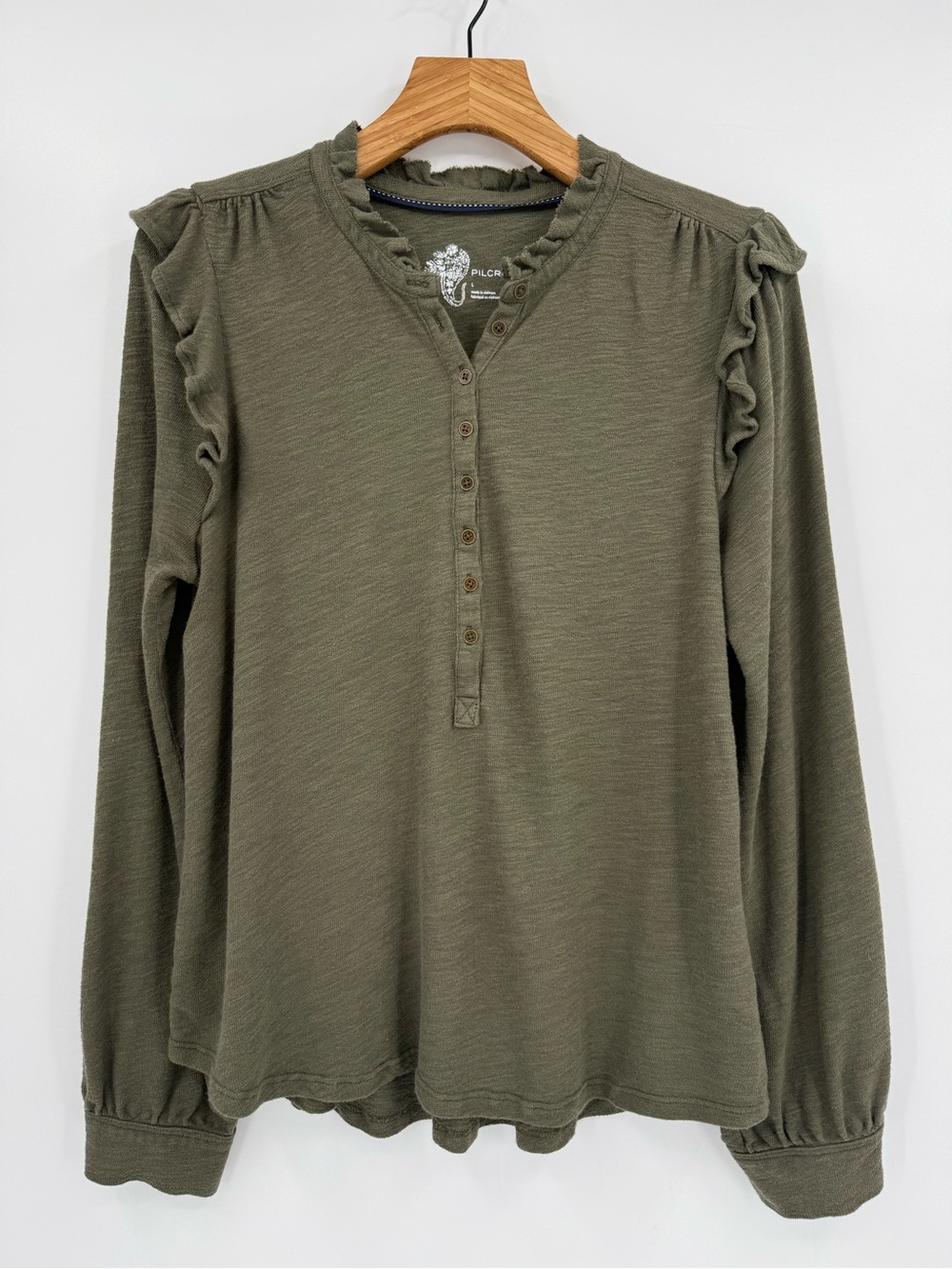 Anthropologie Pilcro Ruffle-Shoulder Henley Top in Olive Green Size L - Picture 2 of 13